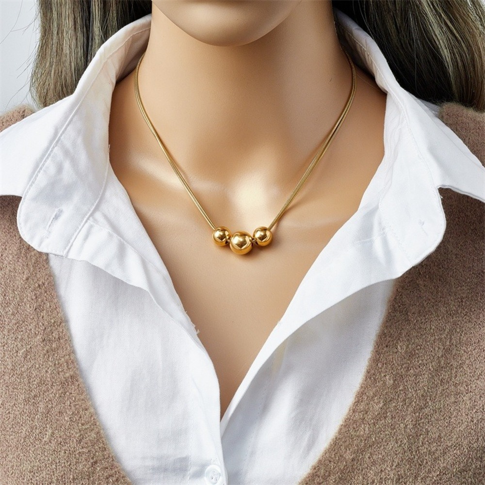 Triple Ball Bead Necklace Women OS Gold 18K Gold Plated Snake Chain